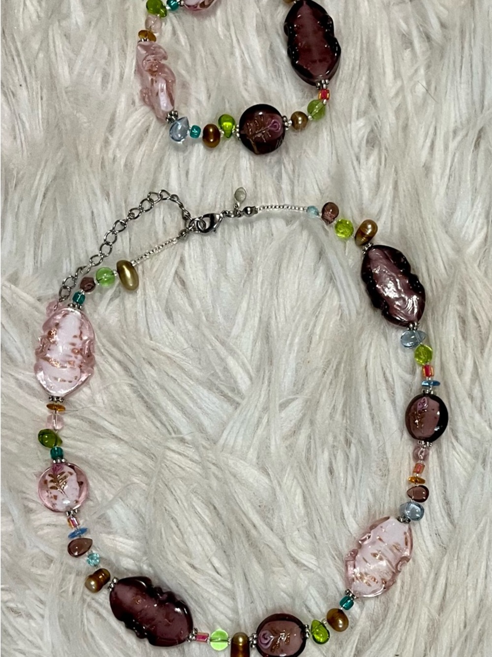 Premier Designs Pink and Green Multicolor Beaded Necklace AND Bracelet